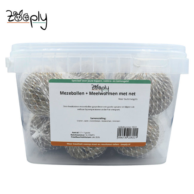 Mezebollen met net en meelwormen – Vetbollen voor buitenvogels – In bakje – 18 stuks