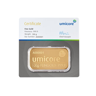 Umicore 100 gram goudbaar Umicore