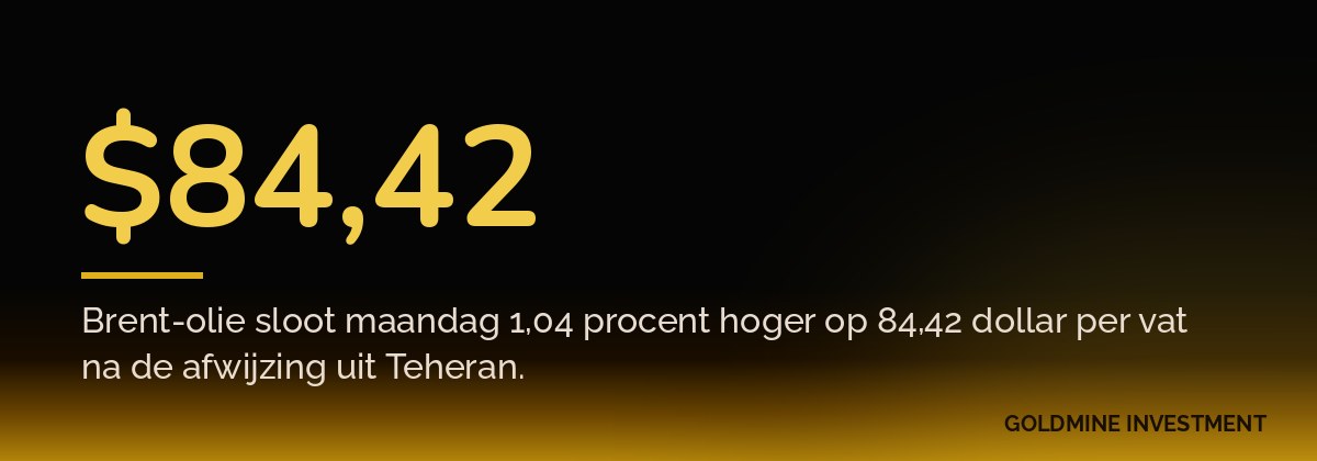 $84,42 Brent-olie sloot maandag 1,04 procent hoger op 84,42 dollar per vat na de afwijzing uit Teheran.