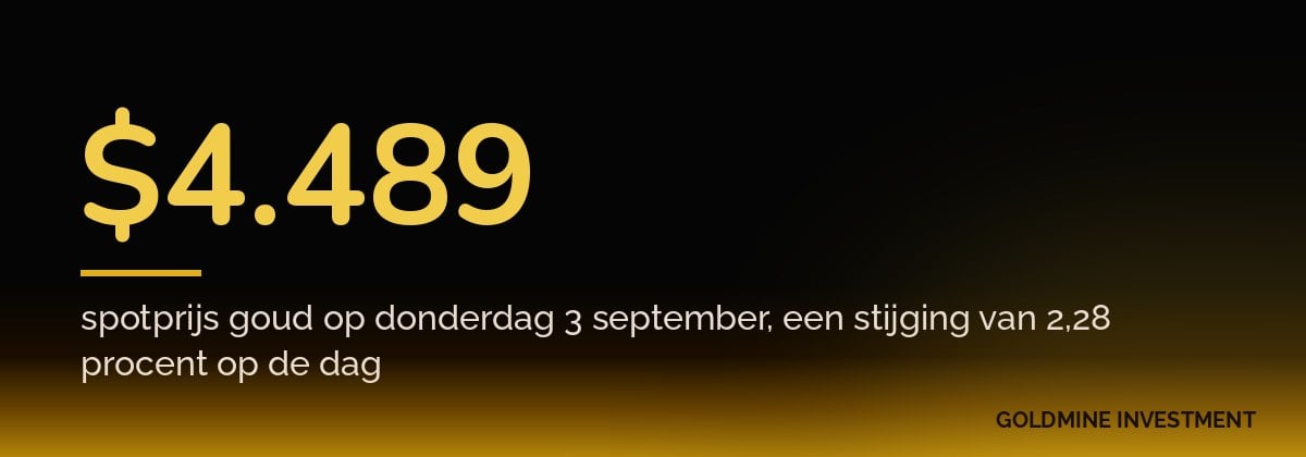 $4.489 spotprijs goud op donderdag 3 september, een stijging van 2,28 procent op de dag