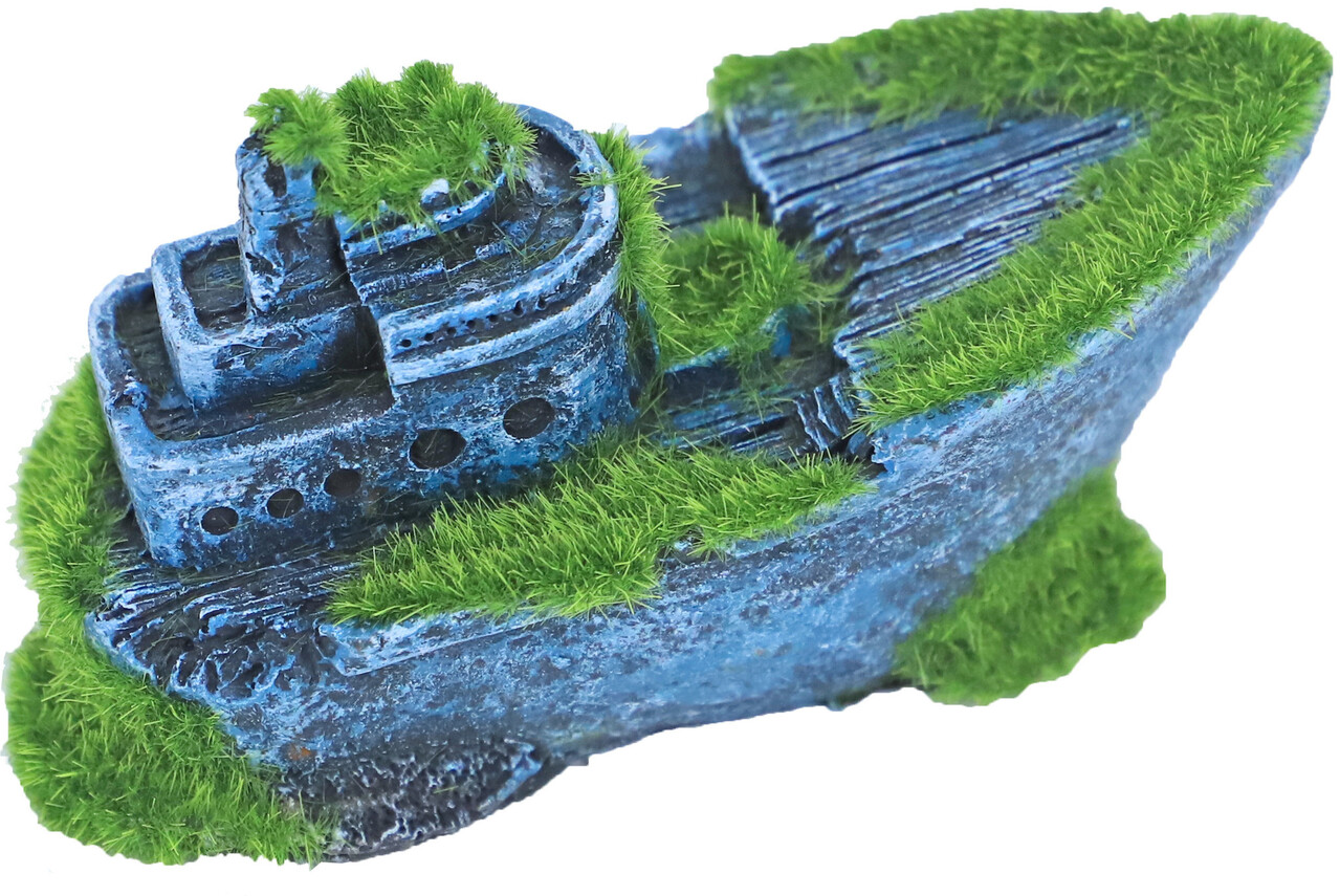 Gebr. de Boon Ornament Polyresin Versunkenes halbes Schiff mit Moos 13 x 6 cm