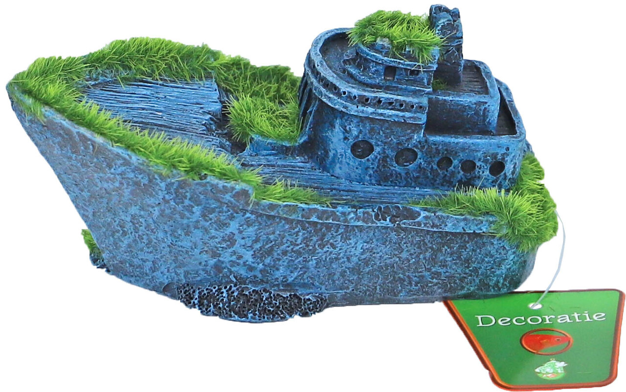 Gebr. de Boon Ornament Polyresin Versunkenes halbes Schiff mit Moos 13 x 6 cm