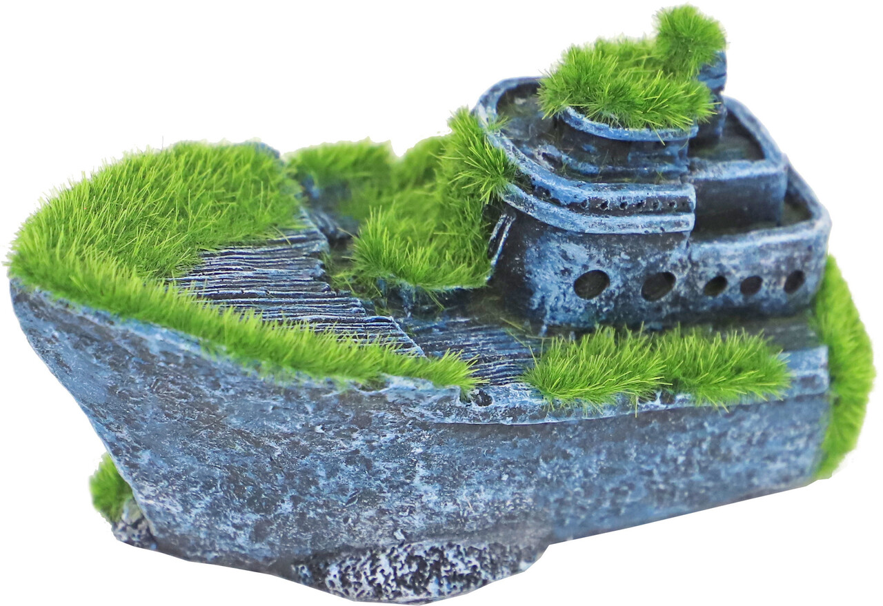 Gebr. de Boon Ornament Polyresin Versunkenes halbes Schiff mit Moos 13 x 6 cm