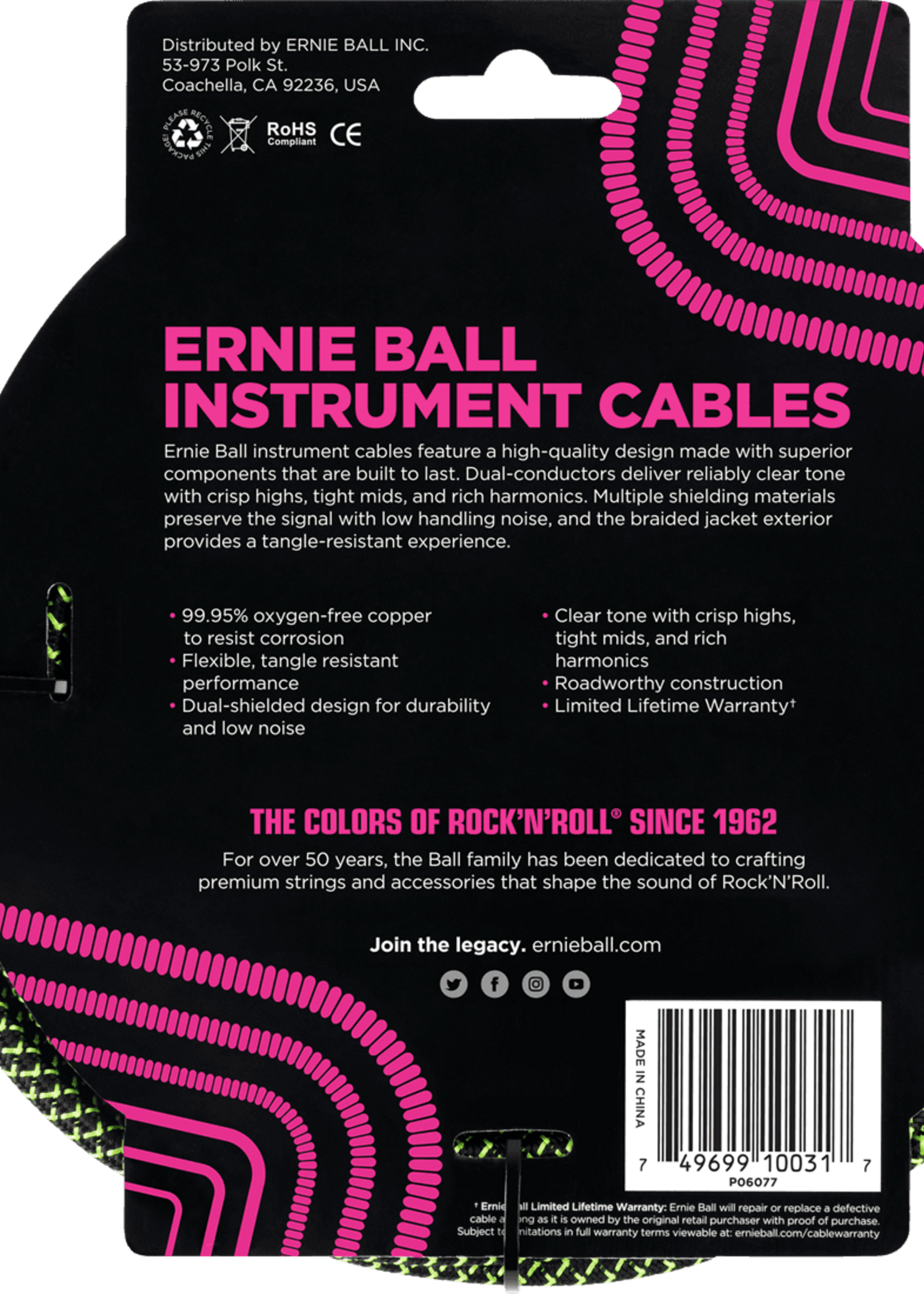 Ernie Ball Ernie Ball Jackkabel Recht/Haaks 3 m Zwart/Groen, gevlochten (EB 6077)