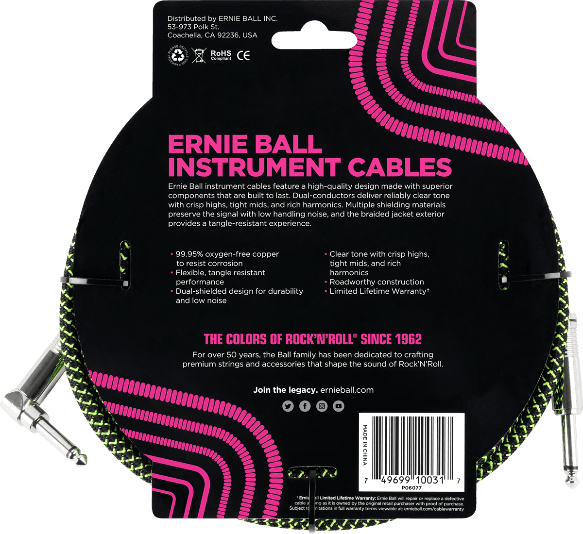 Ernie Ball Jackkabel Recht/Haaks 3 m Zwart/Groen, gevlochten (EB 6077)