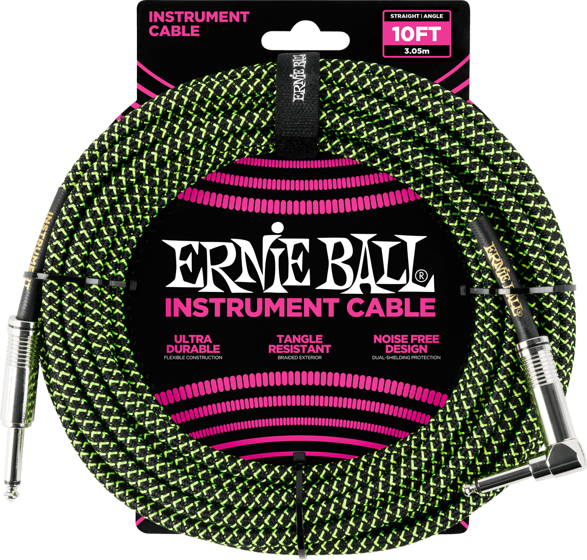 Ernie Ball Jackkabel Recht/Haaks 3 m Zwart/Groen, gevlochten (EB 6077)