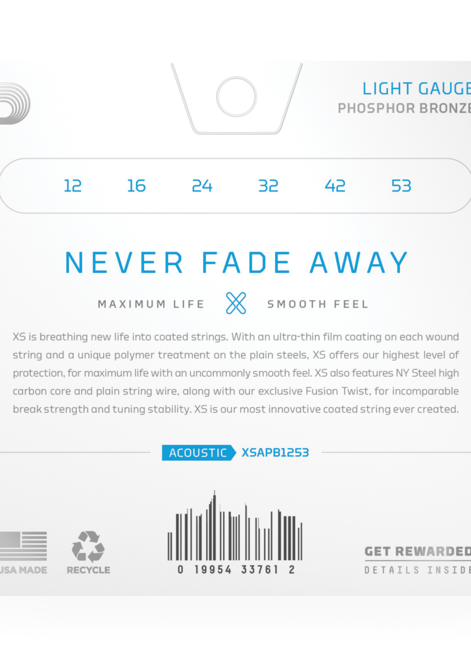 D'Addario D'Addario XSAPB1253 XS Coated Phosphor Bronze Akoestische Gitaarsnaren, Light, 12-53