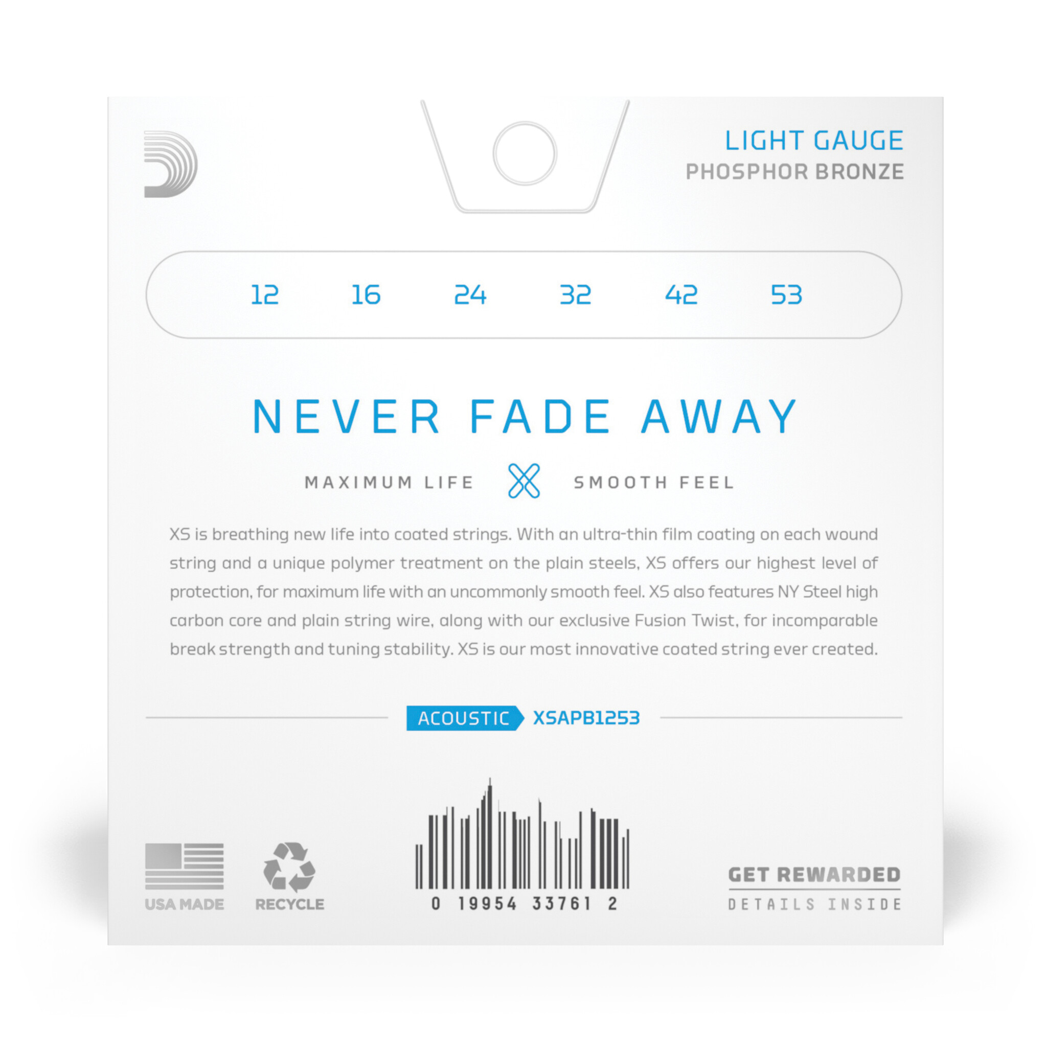 D'Addario XSAPB1253 XS Coated Phosphor Bronze Akoestische Gitaarsnaren, Light, 12-53