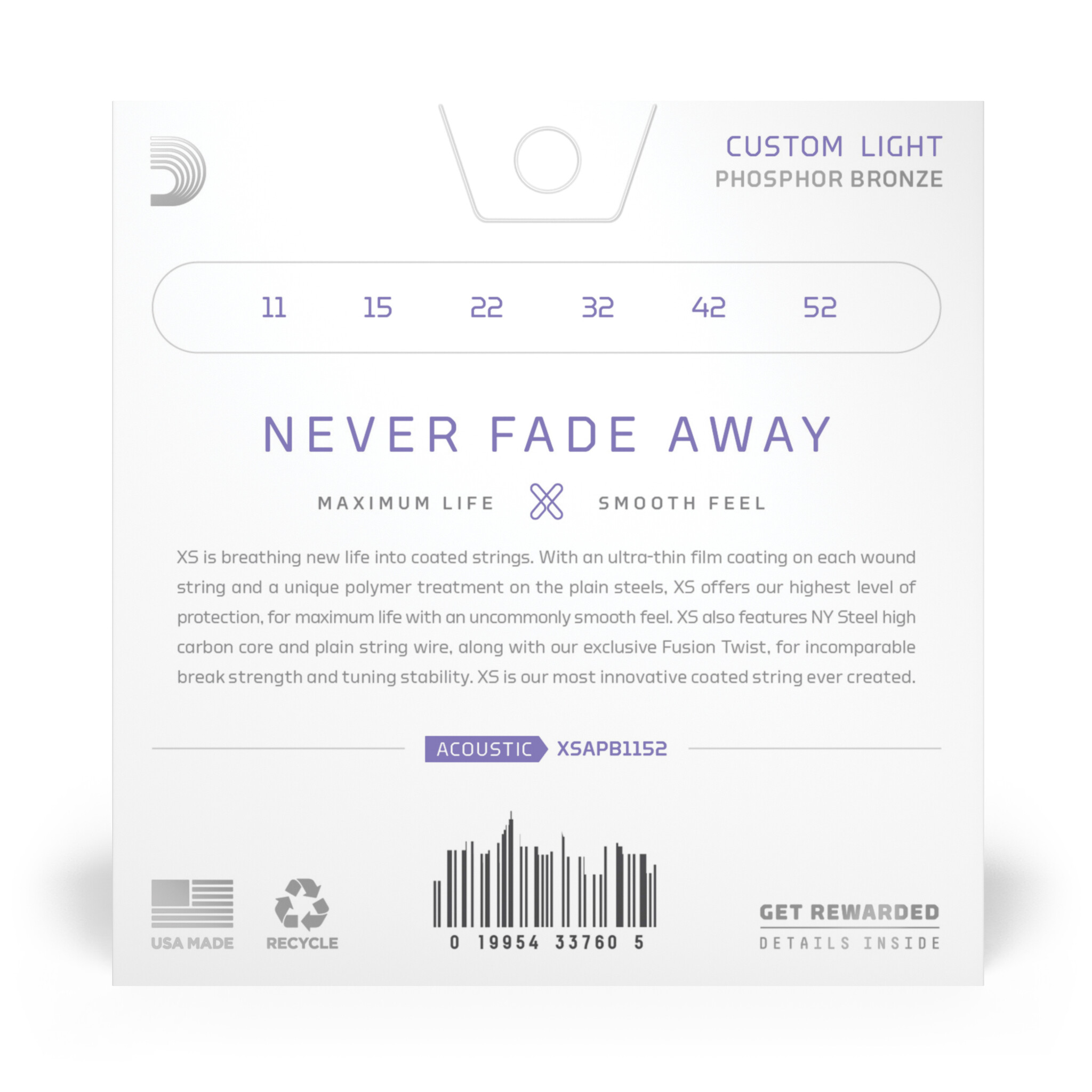 D'Addario XSAPB1152 XS Coated Phosphor Bronze Akoestische Gitaarsnaren, Custom Light, 11-52