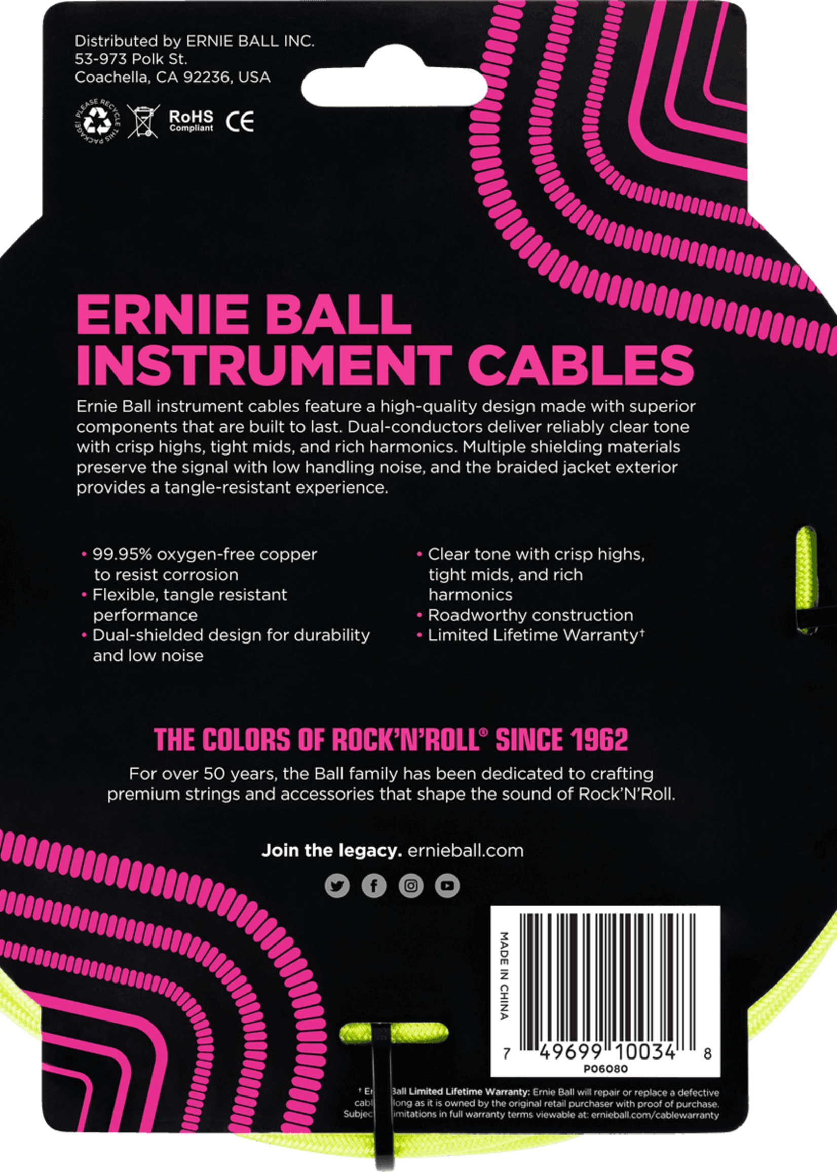 Ernie Ball Ernie Ball Jackkabel Recht/Haaks 3 meter Geel Fluo, Gevlochten (EB 6080)