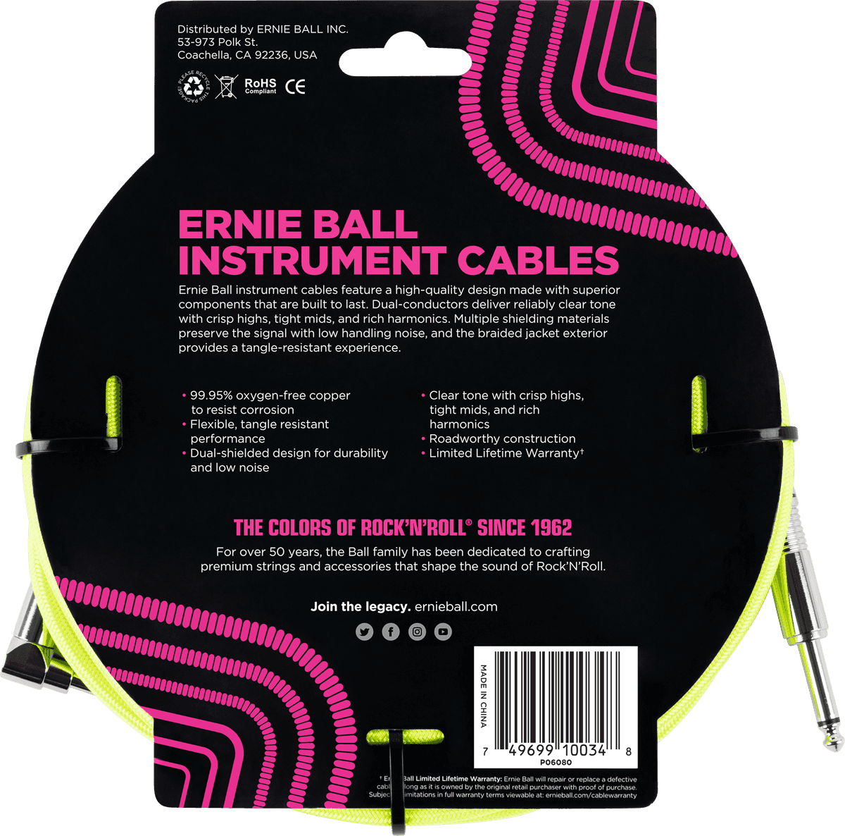 Ernie Ball Jackkabel Recht/Haaks 3 meter Geel Fluo, Gevlochten (EB 6080)