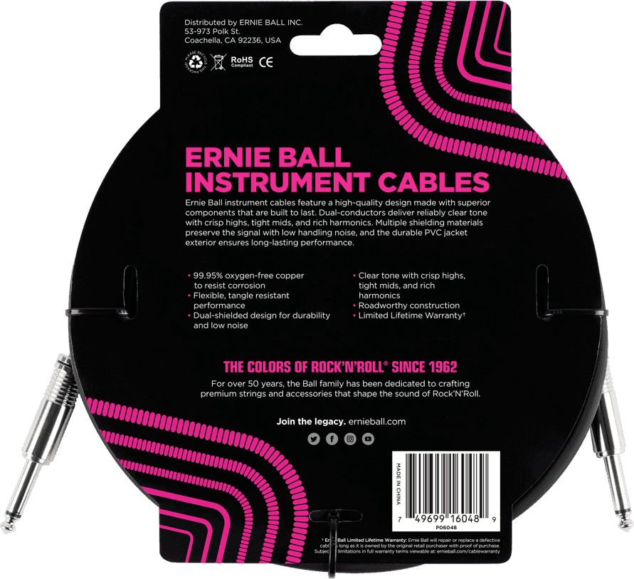 Ernie Ball Instrumentenkabel 3 Meter Zwart (Recht/Recht) (EB6048)