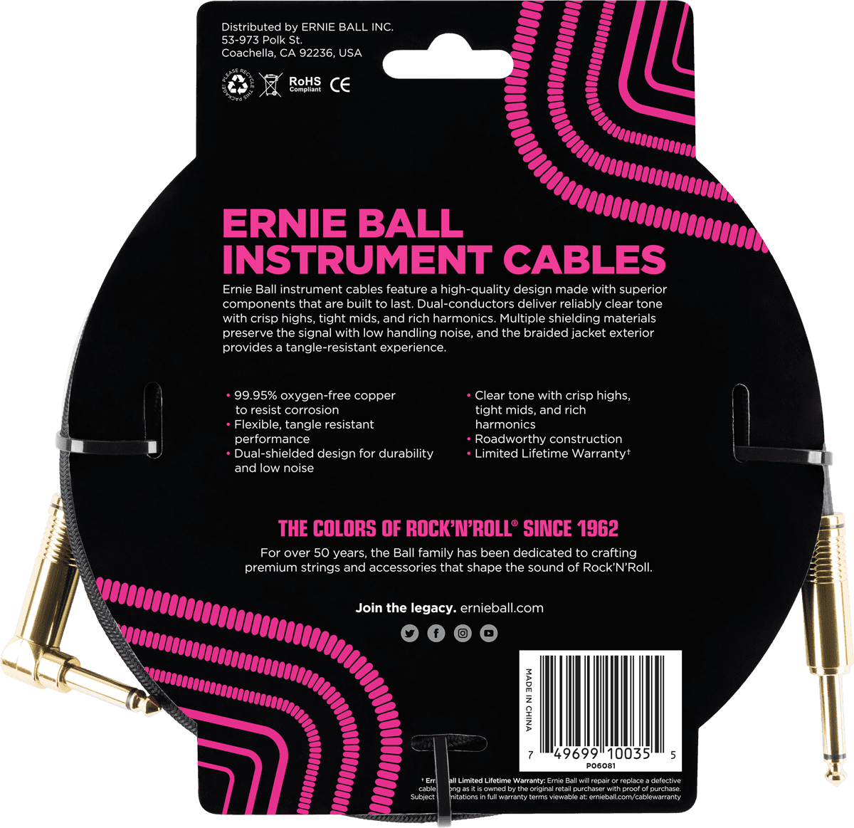 Ernie Ball Gitaarkabel 3 m Zwart Recht/Haaks