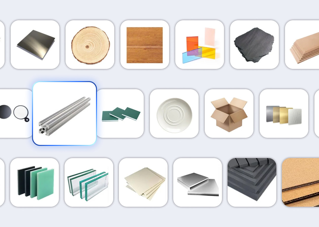 Three rows of squares showing a material preset in each: e.g. wood, acrylic, stone, ceramics, cardboard and more.