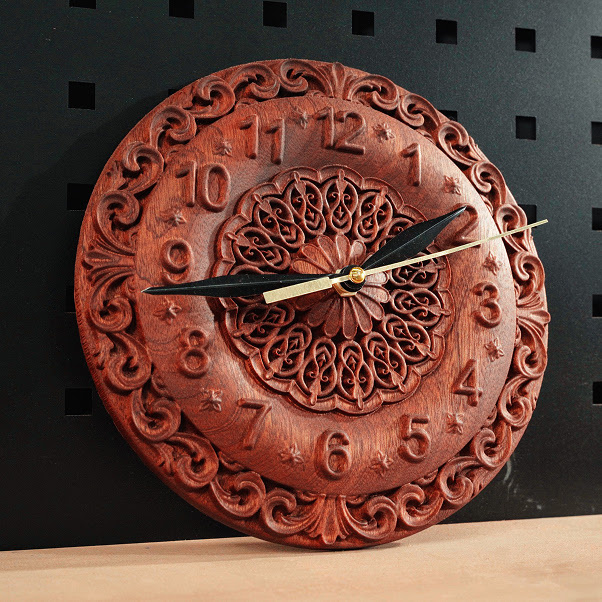Wooden clockface milled from ebony wood.