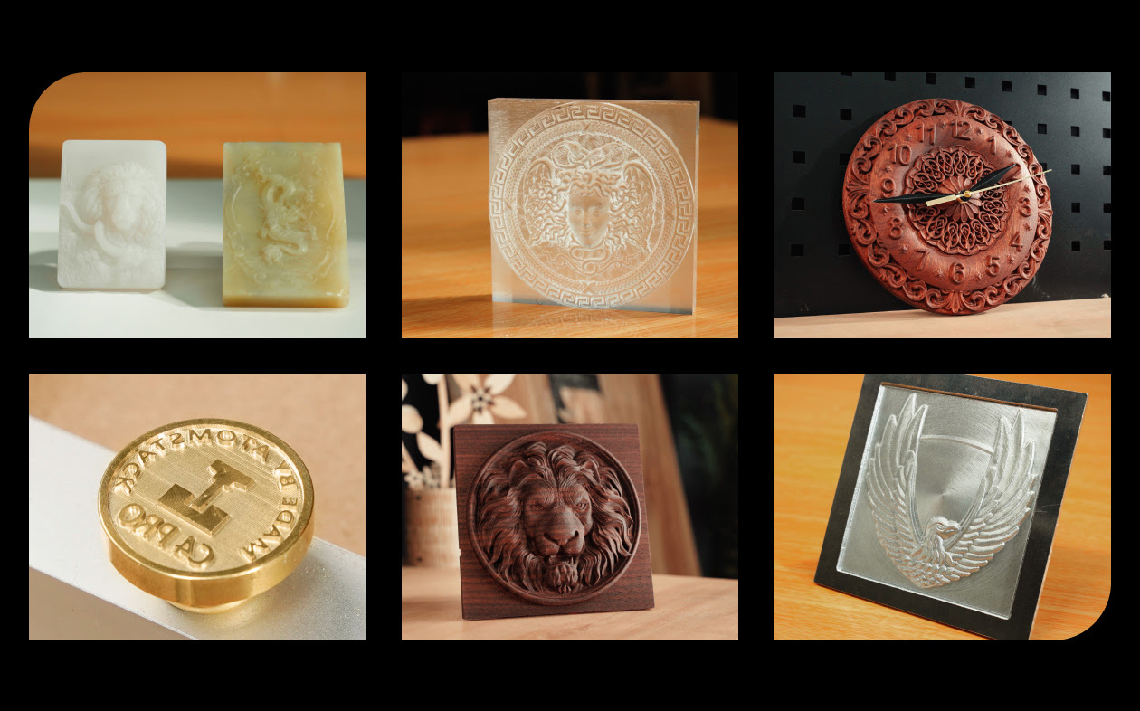 Examples of milled jade, acrylic, wood, metal and brass workpieces