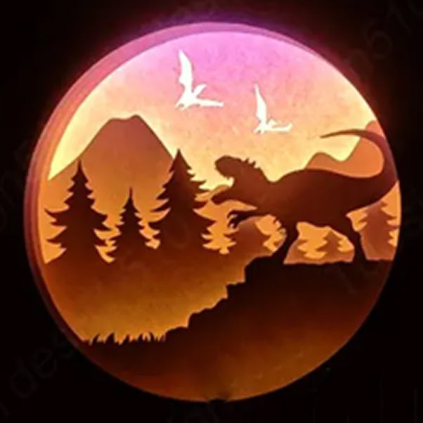 Papercut scene of a T-rex roaring against a forest background.