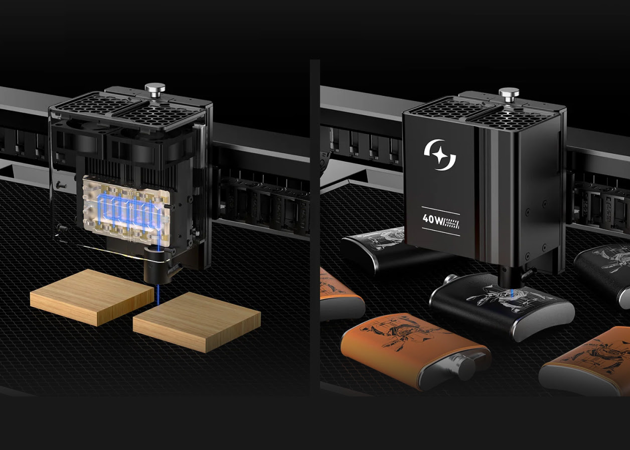 Side by side view. Left shows the 40 W diode module cutting through a piece of wood in one pass. Right the module engraves on metal flasks.