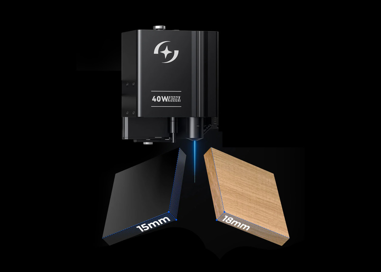 Infographic of a 40 W diode laser module cutting a block of black acrylic of 15 mm thickness and paulownia wood of 18 mm thickness in one pass.