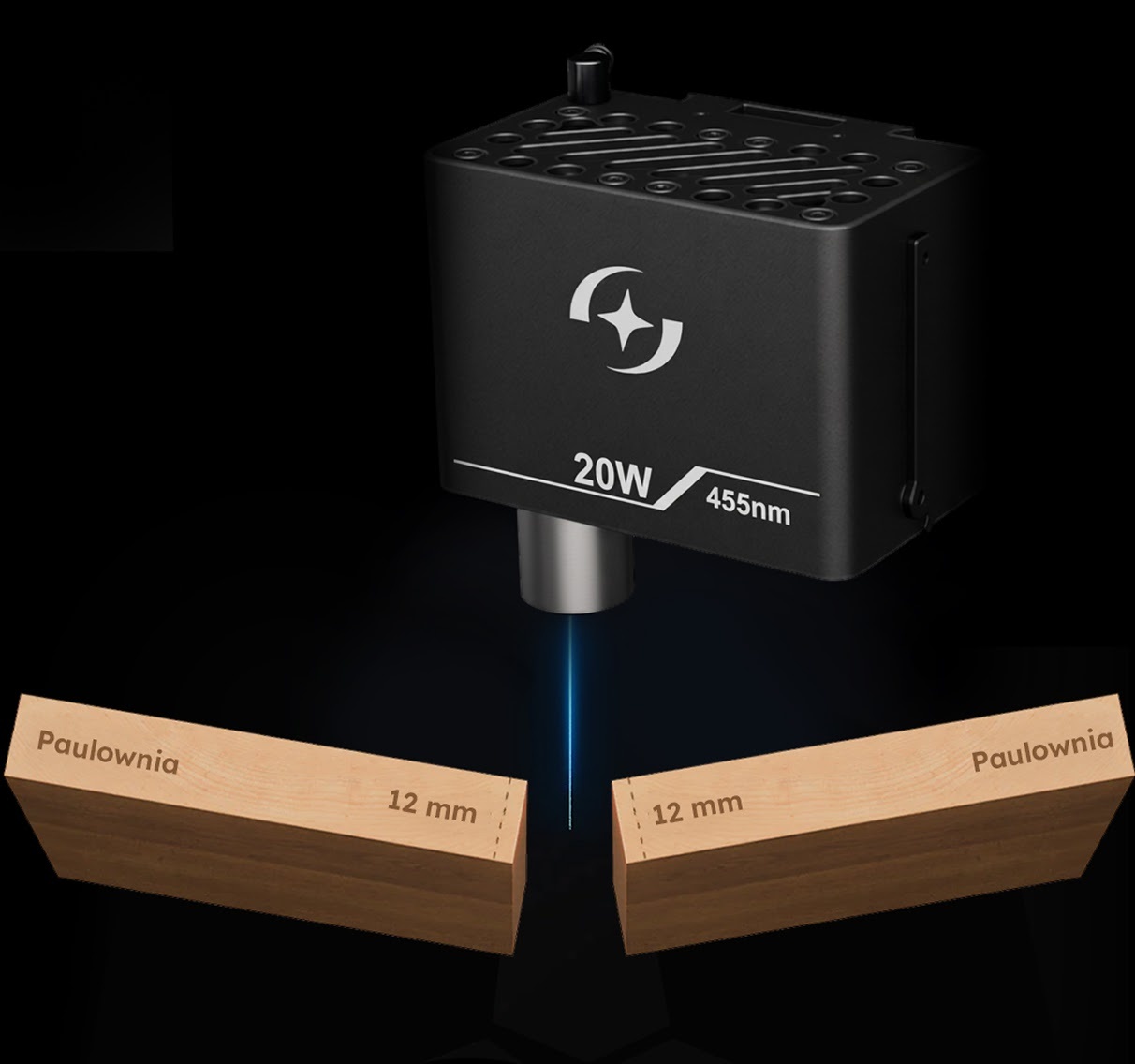 AtomStack Fusion 20 W laser module cutting cleanly through a 12 mm piece of Paulownia wood, casting a bright blue laser beam against a black background.