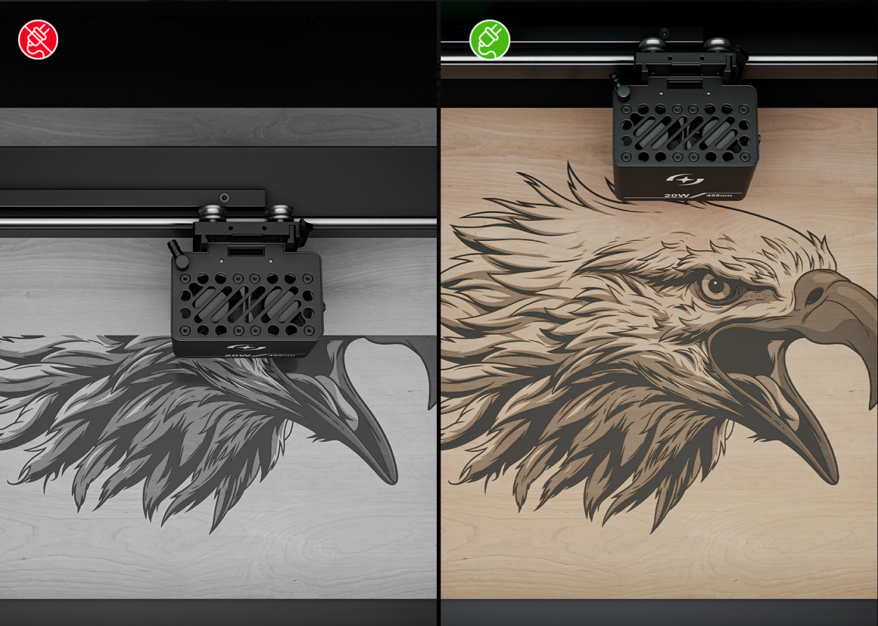 A split-screen comparison showing the AtomStack Fusion power-off resume feature. The left side depicts a power outage icon with an incomplete eagle engraving in greyscale, while the right side displays a power-connected icon with the laser module cleanly resuming and completing the detailed wood engraving.