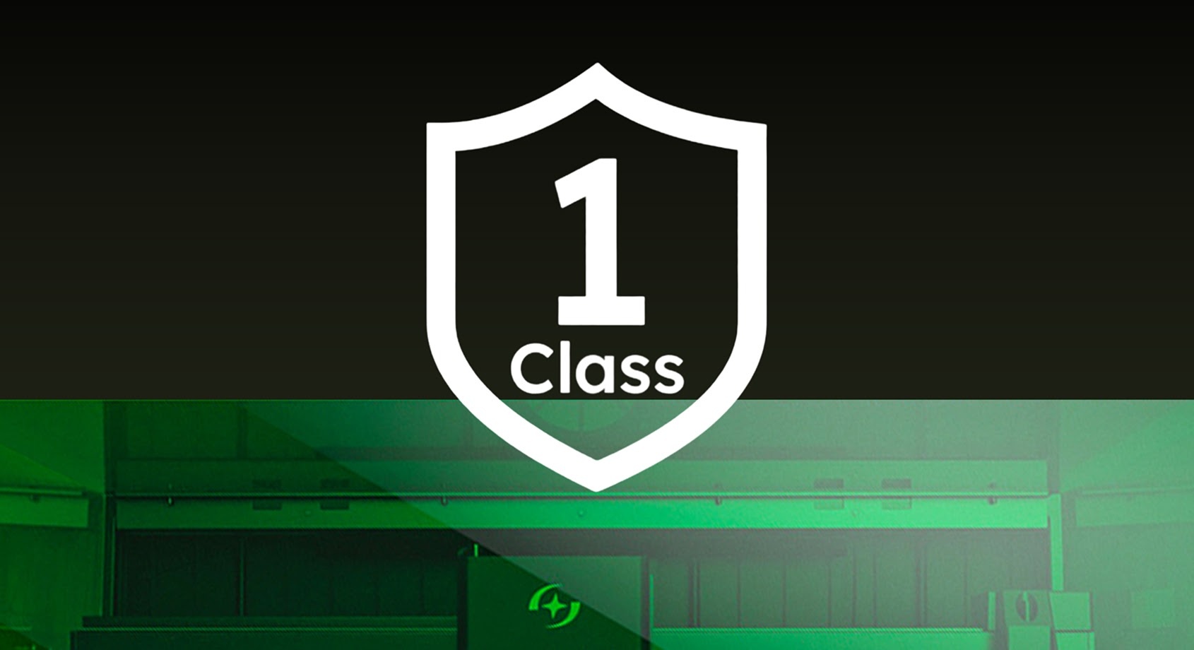 A Class 1 laser safety shield icon featuring an enclosed AtomStack Fusion laser engraver.