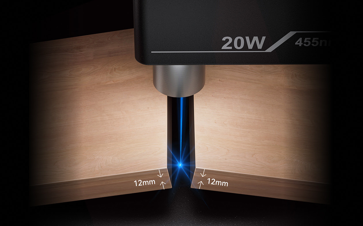 Close-up of AtomStack Fusion 20W blue laser module cutting through 12 mm thick paulownia wood.