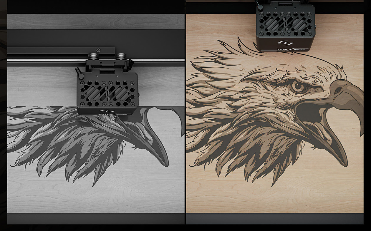 Side-by-side comparison showing the AtomStack Fusion 20 W laser module during operation and the completed high-contrast eagle wood engraving.