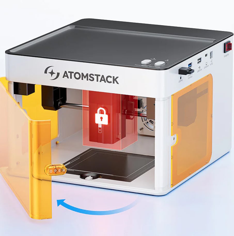 AtomStack P2 laser engraver with the door opened. The laser module is marked in red and has a padlock icon, showing it stops working when opening the door.