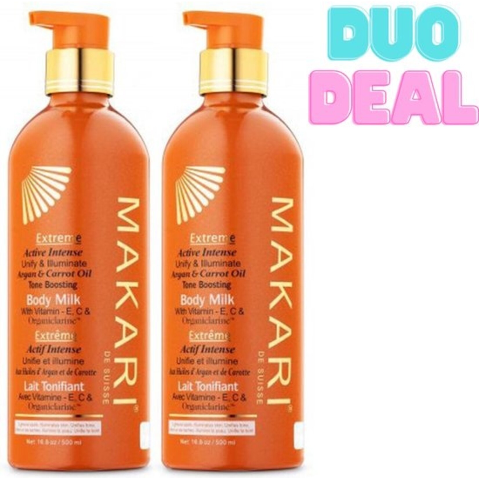 MAKARI OFFRE DUO 2 x 500ml Makari Extreme Lait Corporel Éclaircissant à l’Huile d’Argan & de Carotte