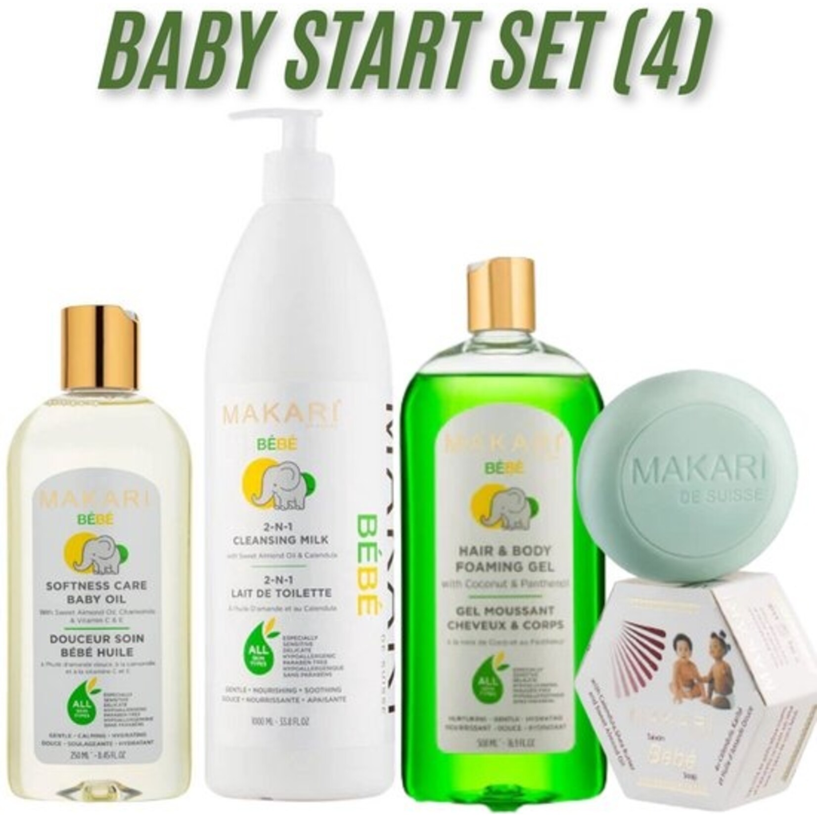 MAKARI Makari Baby Complete Baby Care Set – 4-Piece Starter Kit with Baby Soap, Baby Oil, Cleansing Milk, and Foaming Gel – For Sensitive Baby Skin