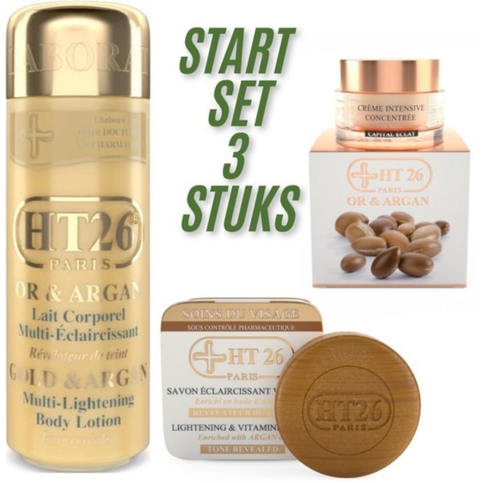 HT26 Paris Luxe 3 product Set  Gold & Argan Body Lotion 500ml, Intensive  Argan Creme 50ml & Purifying Lightening Vitamin Bar Soap 150gr