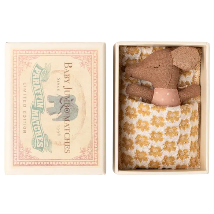 Maileg Sleepy wakey baby mouse in matchbox - Rose