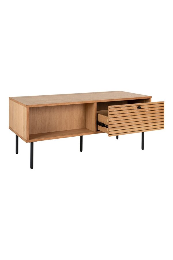 Kyoto Coffee Table - Stolik kawowy, fornir dębowy, czarne metalowe nogi, 2 szuflady, 50x100x45 cm