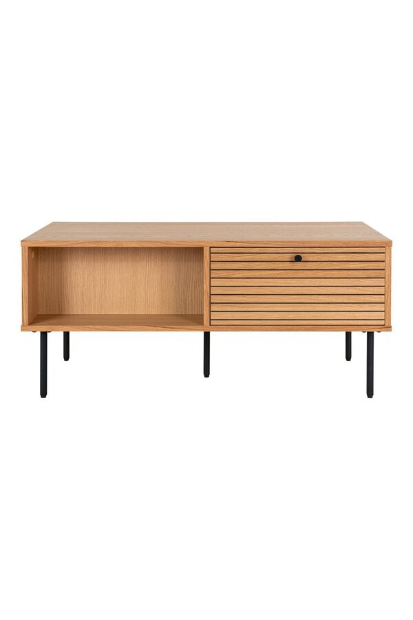Kyoto Coffee Table - Stolik kawowy, fornir dębowy, czarne metalowe nogi, 2 szuflady, 50x100x45 cm