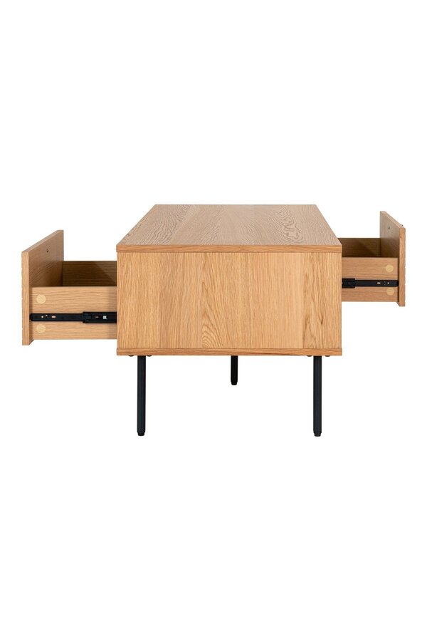 Kyoto Coffee Table - Stolik kawowy, fornir dębowy, czarne metalowe nogi, 2 szuflady, 50x100x45 cm