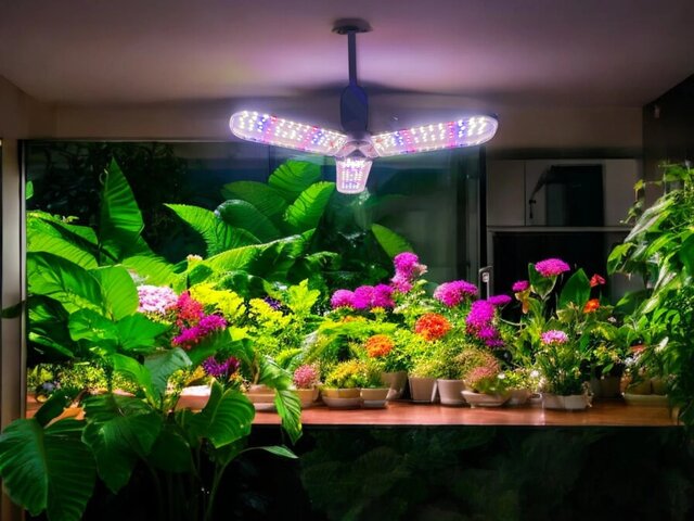 Ronde zwarte LED groeilamp met E27 fitting, 30W full-spectrum voor 40x40 cm kweekoppervlak