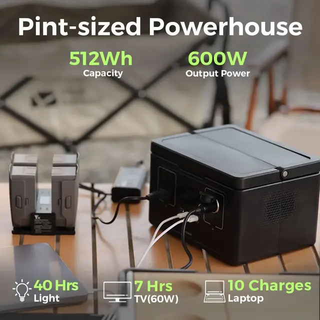 compacte zwarte mobiele stroomcentrale met 600W zuivere sinusomvormer en 512Wh capaciteit