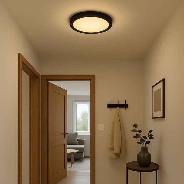 mat zwarte ronde led plafondlamp 18w met instelbare kleurtemperatuur en bewegingssensor geschikt voor opbouw en inbouw