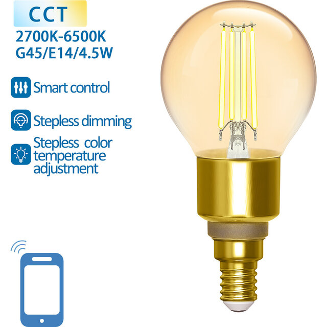 Ronde amberkleurige LED lamp met filament, E14 fitting, 4.5W en 470 lumen lichtopbrengst