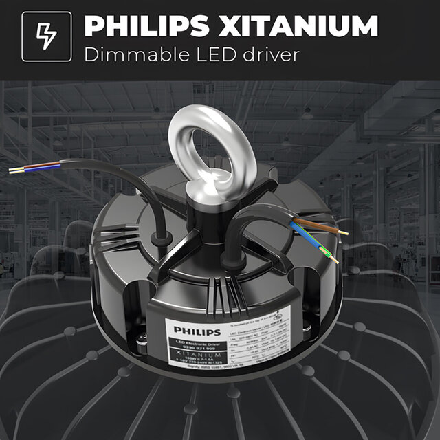 ronde zwarte LED UFO high bay lamp 240W met 36000 lumen en koel wit licht 6000K IP65 waterdicht