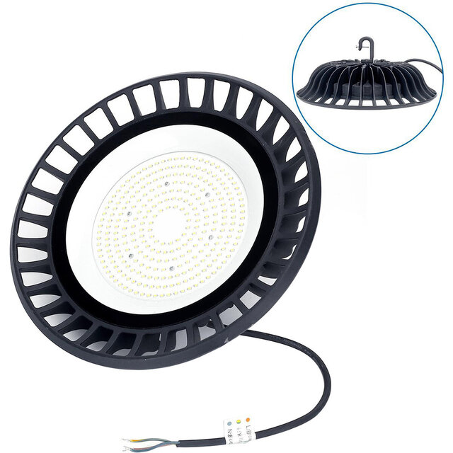 Ronde zwarte LED UFO high bay lamp 150W met 13500 lumen en koel wit licht 6500K IP65 waterdicht