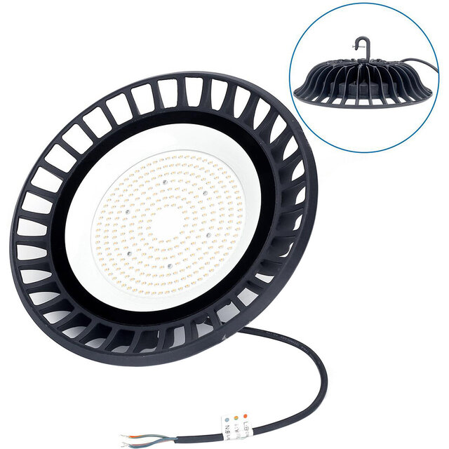 Ronde zwarte LED UFO high bay lamp 150W met 13500 lumen en neutraal wit licht 4000K waterdicht IP65
