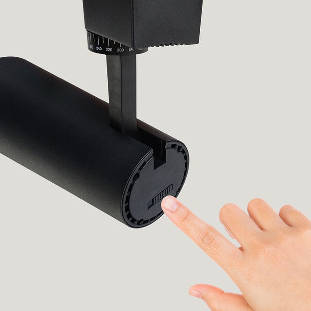 zwarte LED railspot 30W met verstelbare kop en wisselbare kleurtemperatuur 3000-6000K