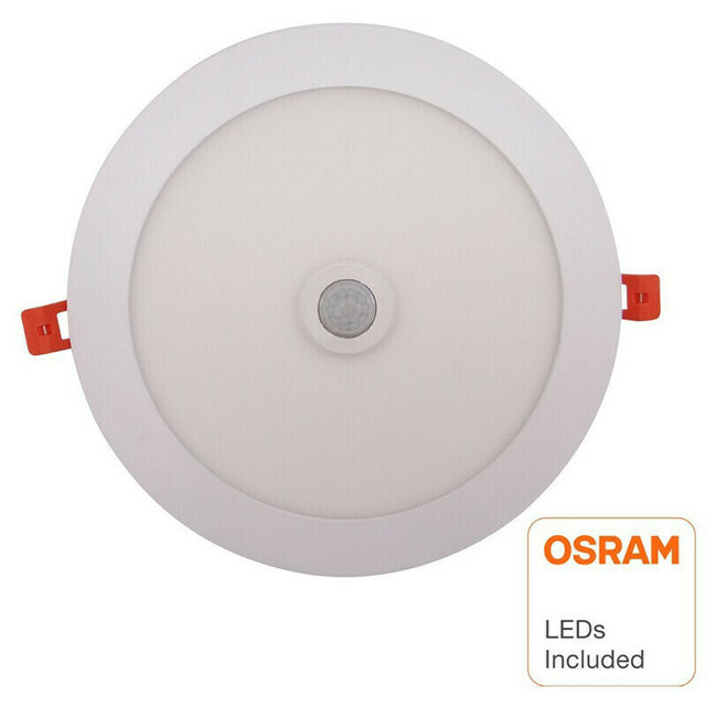 Ronde inbouw LED downlight 18W met bewegingssensor en warm wit licht 3000K, 2250 lumen Ronde inbouw LED downlight 18W met bewegingssensor en warm wit licht 3000K, 2250 lumen