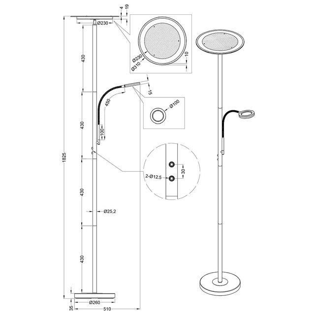 HLW LED Witte Dimbare LED Vloerlamp 18W - Warm Wit 2700K–3000K, Modern Rond Design