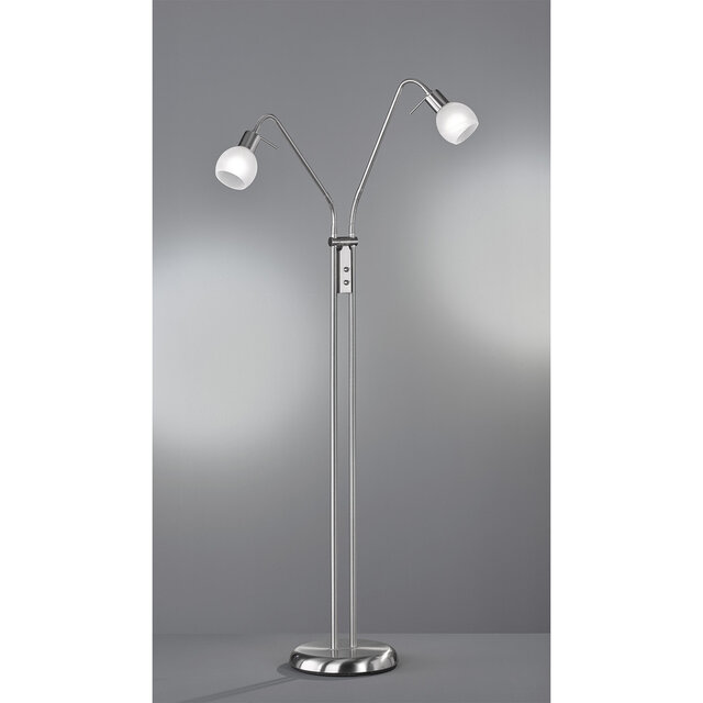 Twee-lichts flexibele LED vloerlamp in nikkelkleur met E14 fitting en maximaal 28W vermogen Twee-lichts flexibele LED vloerlamp in nikkelkleur met E14 fitting en maximaal 28W vermogen