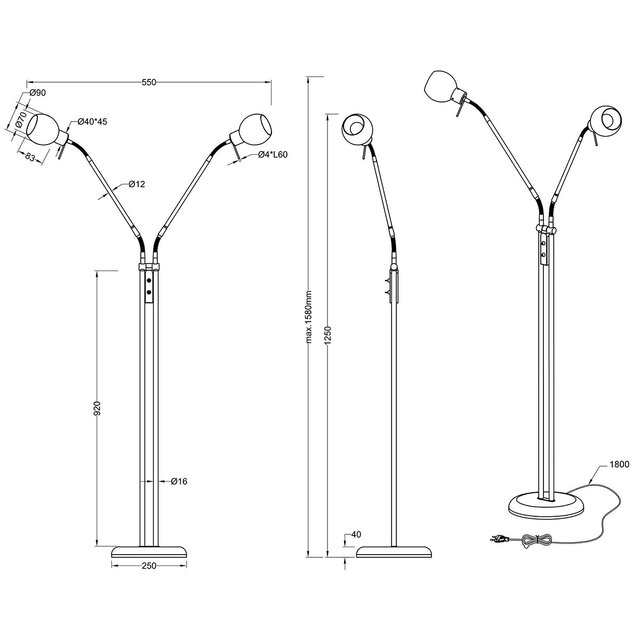HLW LED LED Floor Lamp Trion Besina - 2-light with E14 fitting and flexible arms, Matte Nickel