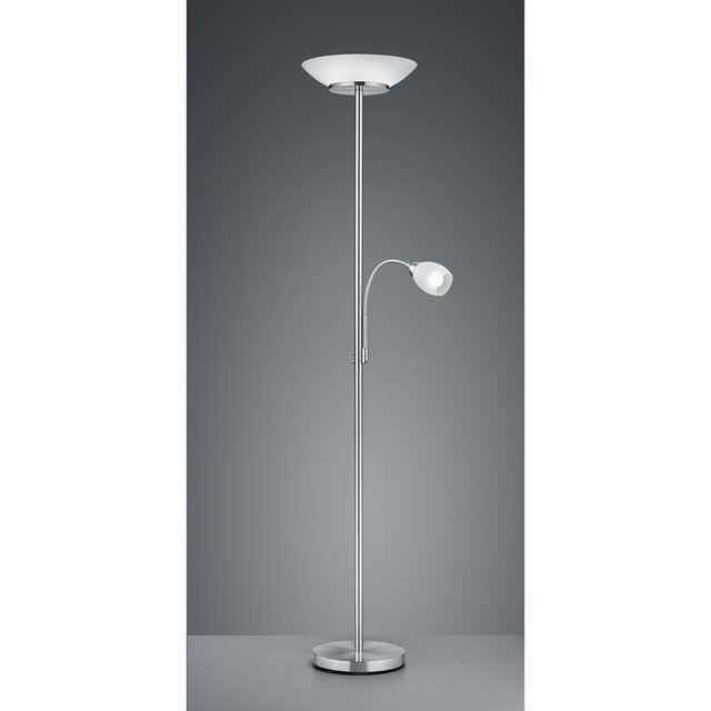 ronde LED vloerlamp in mat nikkel en aluminium met E27 fitting en maximaal 18W vermogen ronde LED vloerlamp in mat nikkel en aluminium met E27 fitting en maximaal 18W vermogen