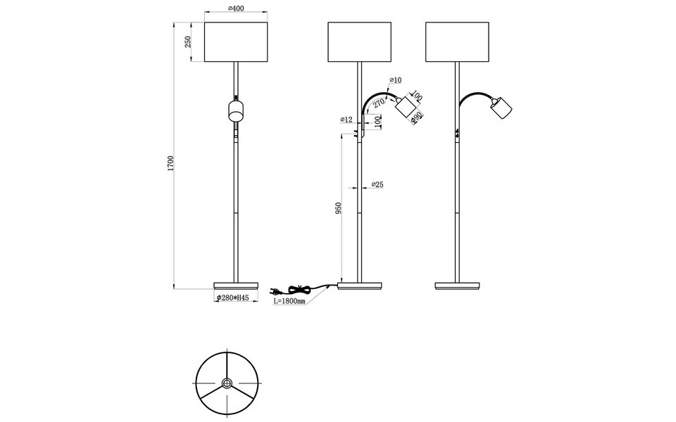 HLW LED LED Floor Lamp Trion Hotia - Round, Adjustable Floor Lamp with E14 Fitting in Matte Gray